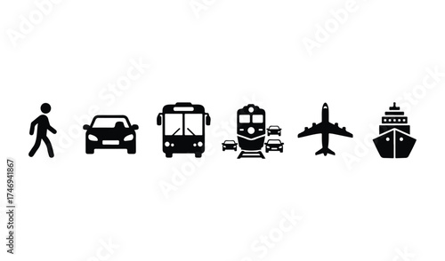 Collection of transportation icons showing different modes of travel