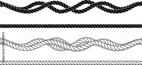 Collection of Black and White Rope Border Elements with Transparent Background