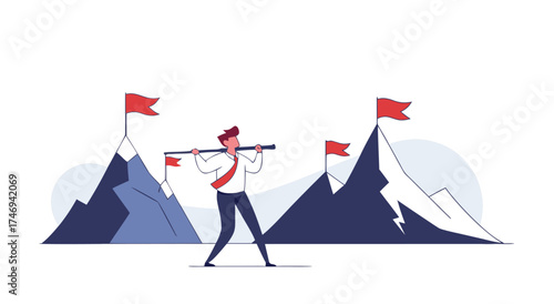 A businessman carrying a pole with flags across mountains representing challenges and goals.

