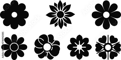 Collection of Different Black Flower Silhouettes Isolated on White Background