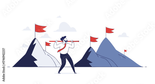 A businessman carrying a pole with flags across mountains representing challenges and goals.

