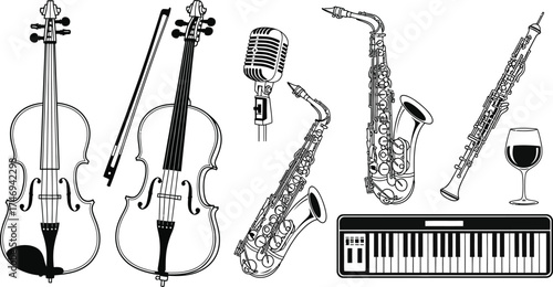 Collection of Musical Instruments Violin, Saxophone, Microphone, and Keyboard in Line Art