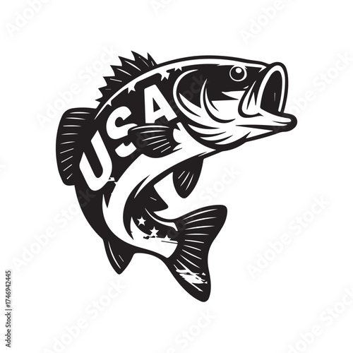Largemouth Bass Fish with USA Text Overlay Logo Vector