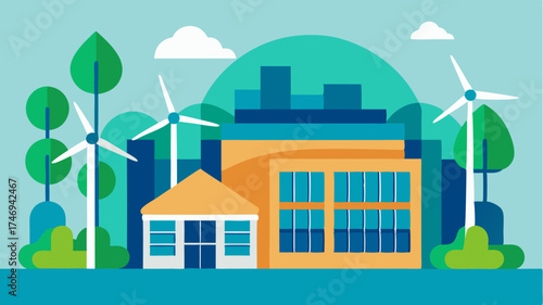 An image depicting the use of wind turbines and solar panels integrated into the architecture of a modern university campus emphasizing renewable energy sources.