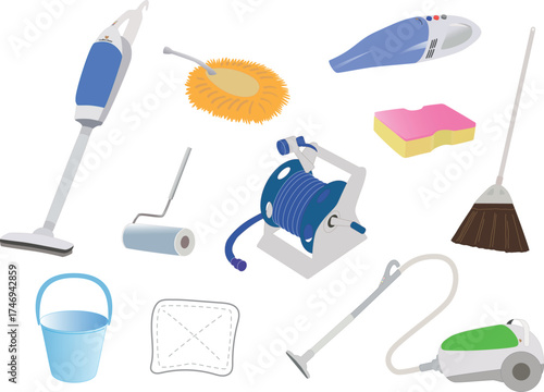 An assortment of cleaning supplies, including vacuums, a broom, bucket, duster, sponge, and hose reel, arranged on a white background.
