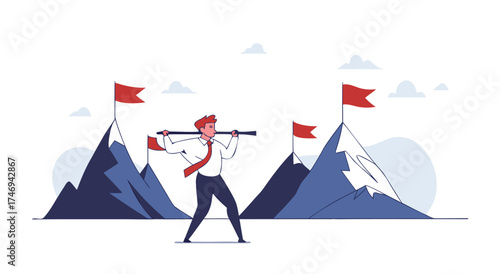 A businessman carrying a pole with flags across mountains representing challenges and goals.

