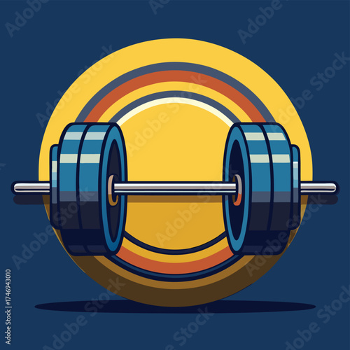 Retro barbell with concentric rings and dark blue background