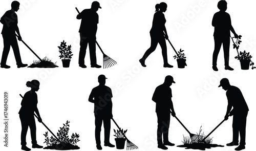 Gardening silhouettes, people with tools, raking leaves, watering plants, tending garden, outdoor lifestyle, horticulture, black figures, nature care, plant maintenance