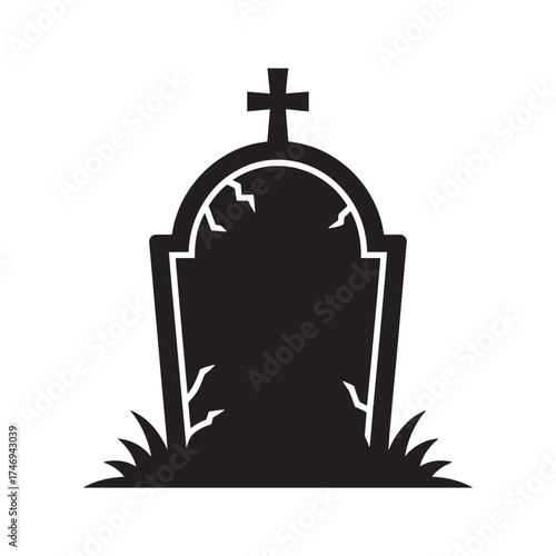 Black silhouette of a cracked tombstone with a cross and grass on a white background