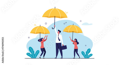 Business people protected under umbrellas from financial risks.

