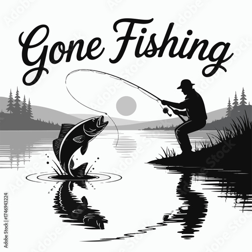 "Gone Fishing" Text with Funny Cartoon Fish Vector Design