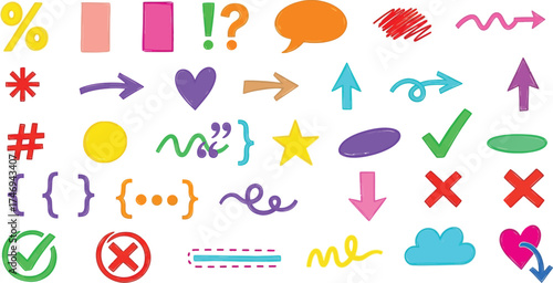 Colorful Hand Drawn Pointers, Arrows, Shapes, Symbols, Icons on White Background