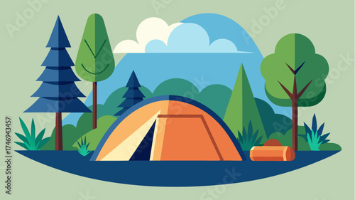 A tent pitched in a forest setting embodying camping and outdoor living experiences.