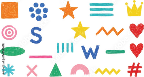 Colorful Hand Drawn Shapes and Symbols Set Isolated on White Background, Fun Doodle Style