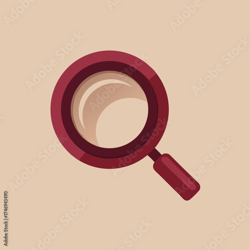 Simple red magnifying glass icon on beige background