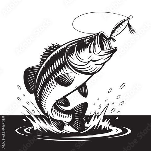 Leaping Bass Fish Chasing Lure Vector Silhouette