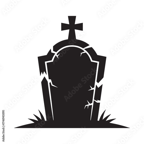 Silhouette of a cracked and weathered tombstone with a cross on top against a white background