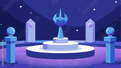 A virtual exhibition hall featuring 3D sculptures rotating slowly set against a backdrop of a starry night sky.