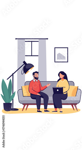 Couple discussing issues on sofa with therapist in a modern living room

