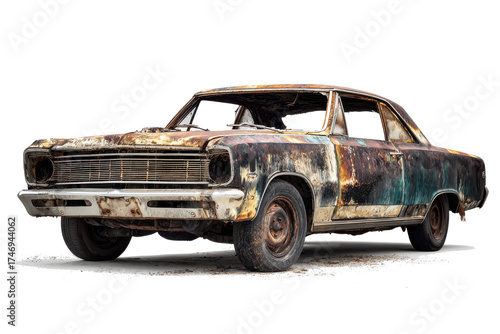 Old rusty abandoned car with peeling paint on a white background