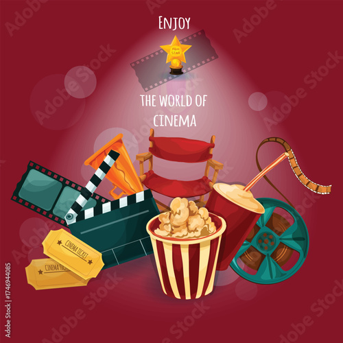 vector poster for advertising cinema or movie on a red background with popcorn, drink glasses 3d and stop frame