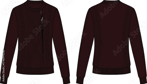 Brown knitted sweater front and back view, detailed cable pattern pullover, long sleeve winter jumper, fashion CAD drawing flat vector illustration