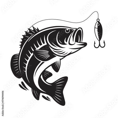 Leaping Bass Fish Chasing Lure Vector Silhouette