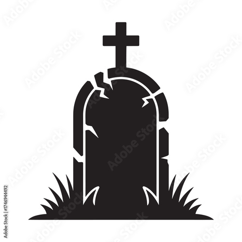 Silhouette of a cracked tombstone with a cross and grass against a white background