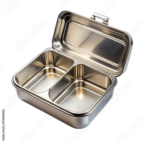 Reusable stainless empty lunchbox with compartments, isolated on a white background. png