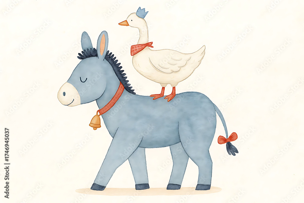 Fototapeta premium Watercolor donkey with goose cute farm animals illustration 