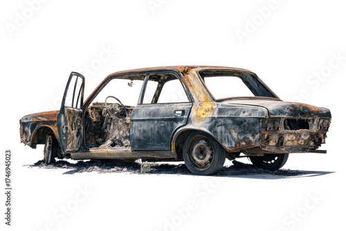 Watercolor painting of a heavily rusted and damaged vintage car with open doors