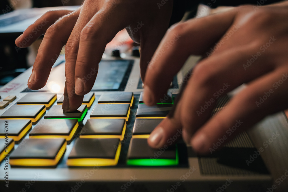 Fototapeta premium The hands of an artist creating music with his drum machine MPC LIVE II