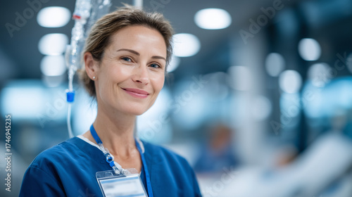 Focused nurse with ID badge monitoring IV infusion rate in clinical setting, sterile atmosphere and reflective surfaces enhancing realism Free Download Focused nurse with ID badge monitoring IV infusion rate in clinical setting, sterile atmosphere and reflective surfaces enhancing realism - GFXLoad