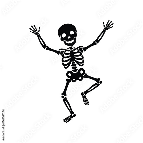 Dancing Skeleton Silhouette for Halloween Celebrations and Spooky Themes with Arms Raised in Festive Spirit and Isolated on White Background