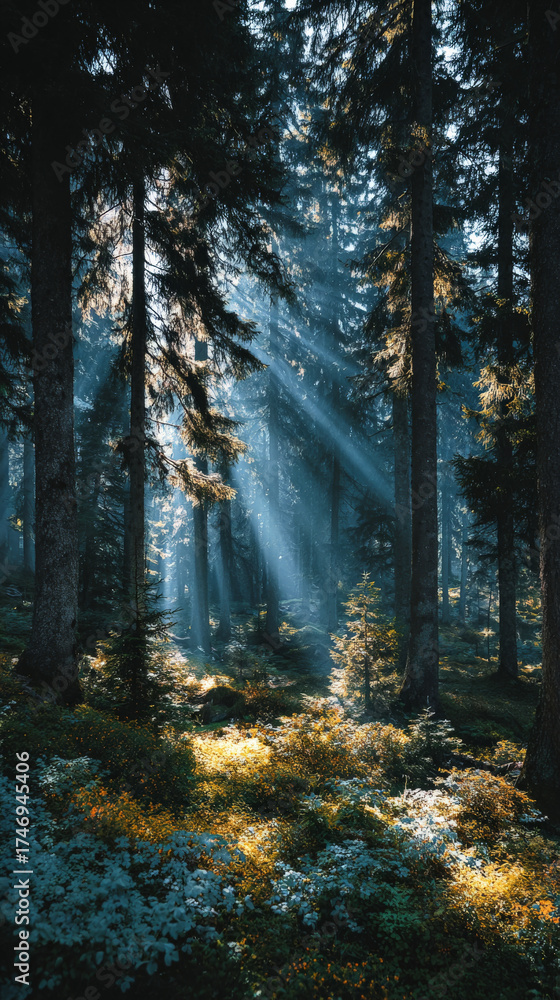 Fototapeta premium Peaceful misty forest with sunbeam light ray through tall green tree