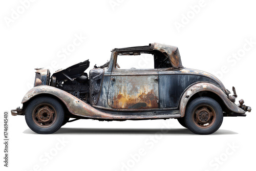 A vintage rusty abandoned car with a tattered roof against a white background