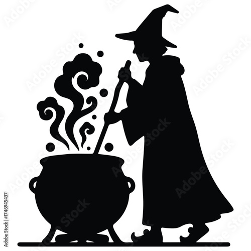 Mysterious witch preparing potion in cauldron during spooky Halloween night casting spells and creating magical brews under the moonlight silhouette illustration