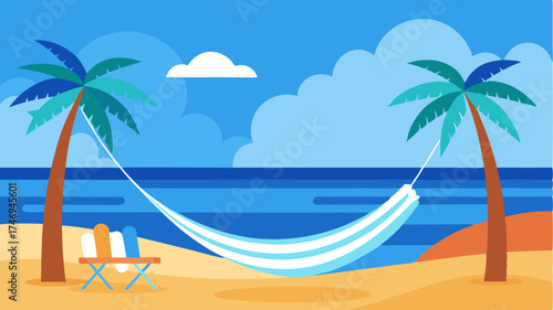A serene beach scene with a hammock strung between two palm trees a tail on a side table and ocean waves gently crashing.