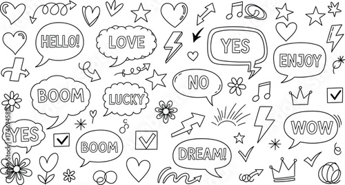Doodle Art Elements Set with Speech Bubbles, Hearts, Stars, and Arrows on White