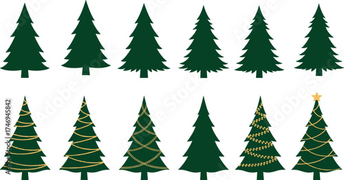 Christmas tree vector set with plain and decorated holiday designs for festive illustration, seasonal decor, and winter-themed graphic projects