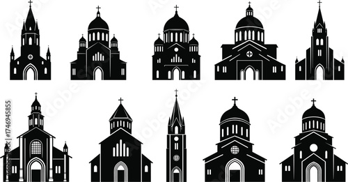 Church silhouette collection featuring diverse architectural styles—steeples, domes, towers—for religious, cultural, and historical vector illustration design