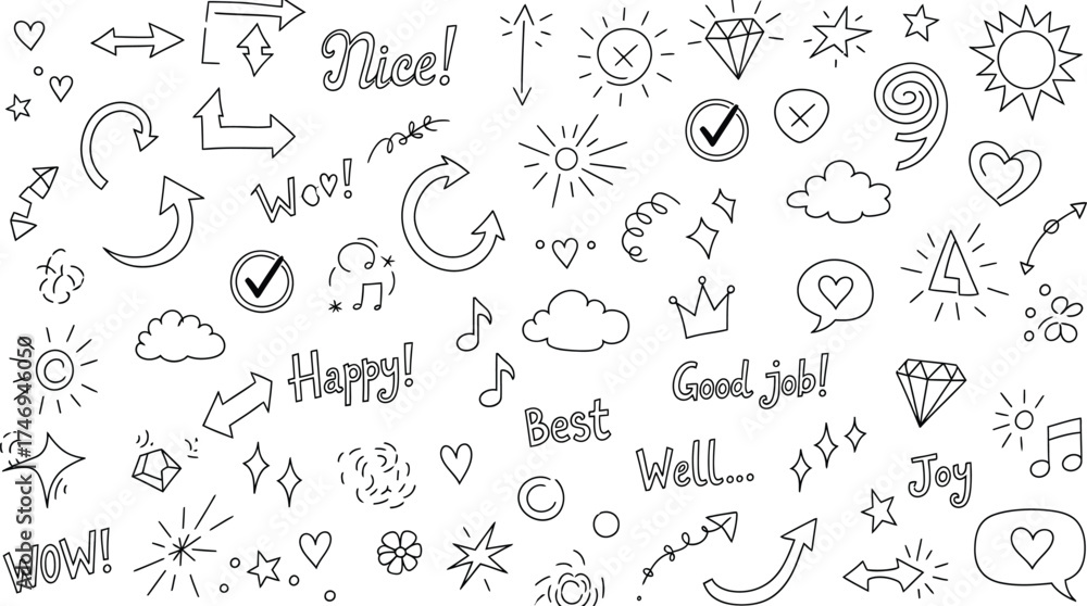 Fototapeta premium Doodle Elements Line Art Collection of Arrows, Hearts, Clouds, Stars on White
