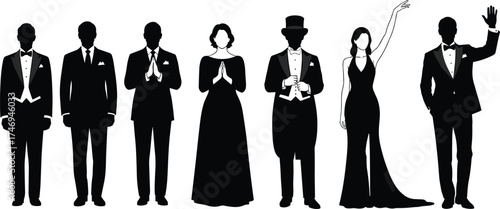 Formal silhouette collection of men and women in elegant attire for fashion, event design, character illustration, and vector styling