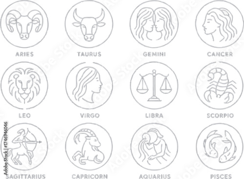 12 zodiac icons on a vector sheet, clean layout, solid colors only, no gradients, sharp lines, consistent style, balanced grid, high-quality vector illustration, scalable SVG, no texture or blur.