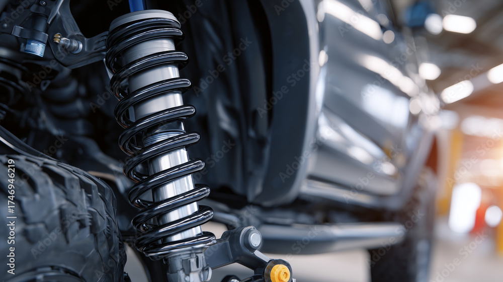 Fototapeta premium Detailed macro shot of rear spring suspension and shock absorber assembly on a contemporary vehicle, clean mechanical textures and reflective surfaces