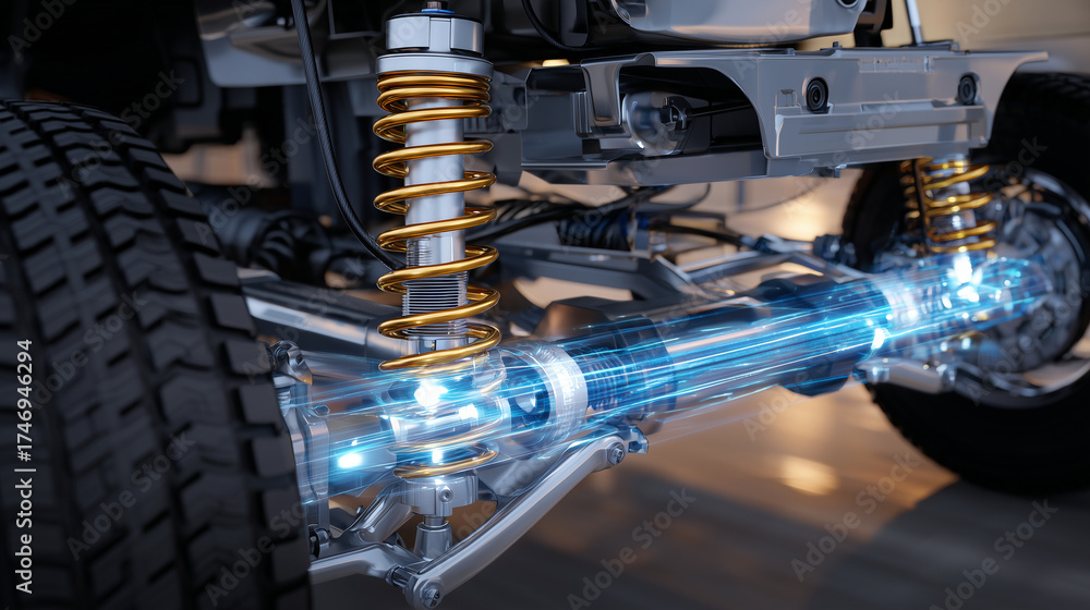 Fototapeta premium Detailed side view of rear suspension system with spring and shock absorber mounted on modern vehicle chassis, reflective metal textures and realistic lighting