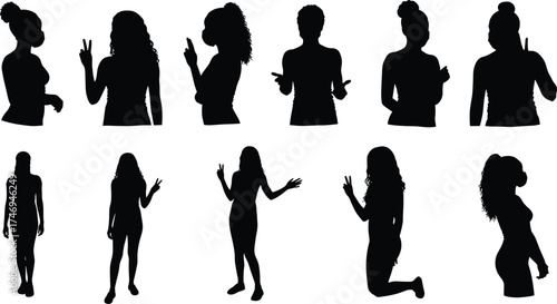 People silhouettes in various poses, standing, kneeling, gesturing, peace sign, pointing, casual posture, body language, diversity, lifestyle, design