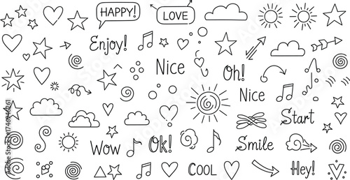 Doodle Elements with Hearts, Stars, Clouds, Sun, Arrows, Notes, Words on white