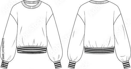 CAD drawing flat vector illustration of women’s cropped button up jacket with ribbed hem, long sleeves, classic collar, casual fashion clothing design templateCAD drawing flat vector illustration of 