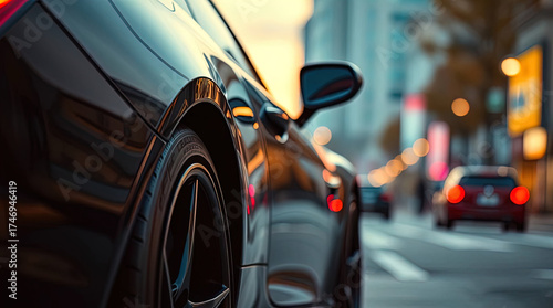 A side view of a car's taillight detail. A sleek, aggressive modern car with wide fenders.